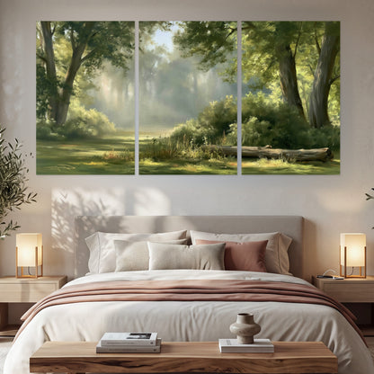 Sunlit forest glade painting set of 3 poster prints in a bedroom above the bed