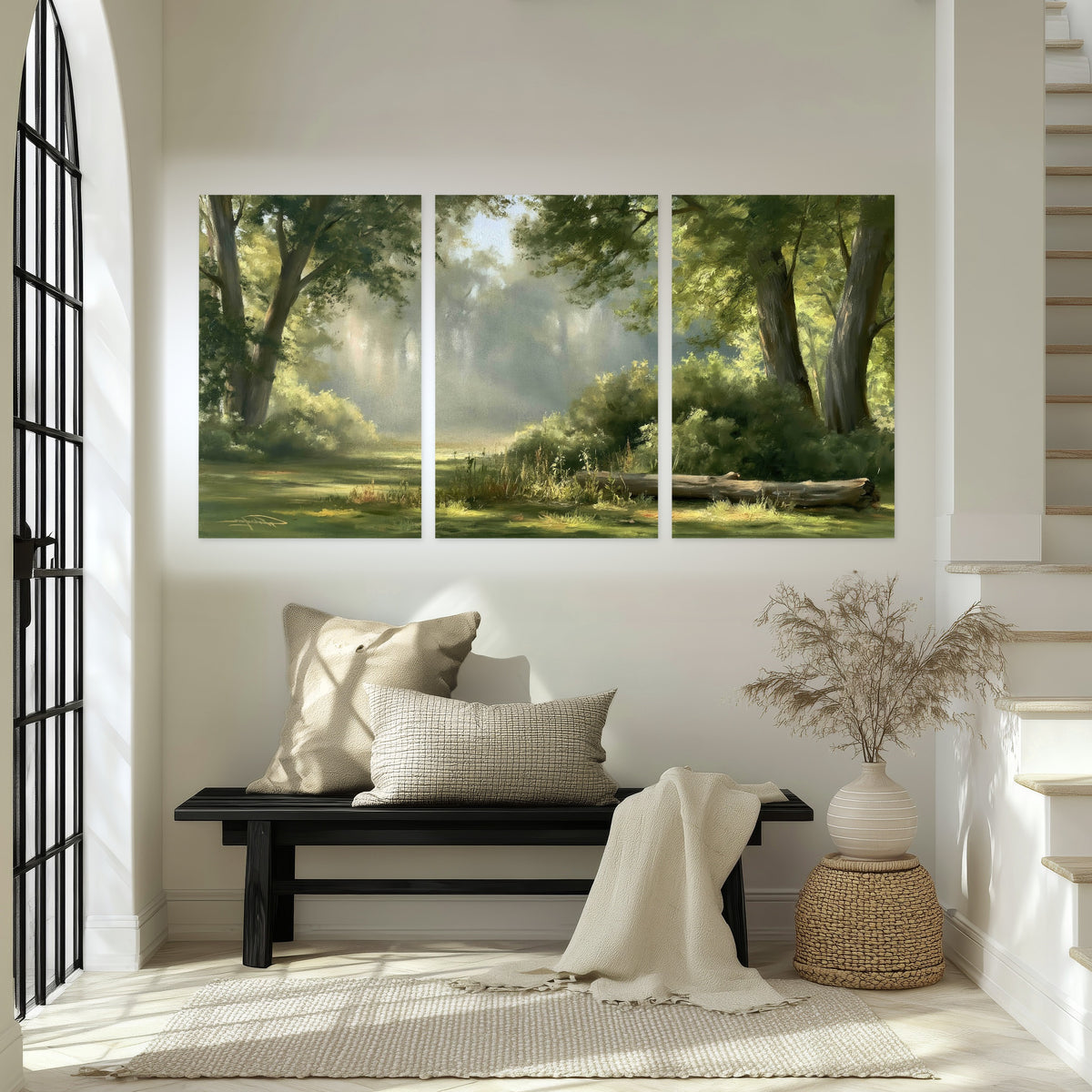 Sunlit forest glade painting set of 3 poster prints in an entryway above a bench