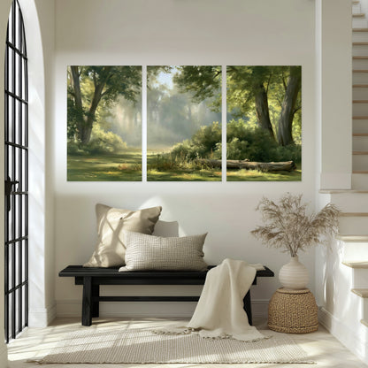 Sunlit forest glade painting set of 3 poster prints in an entryway above a bench