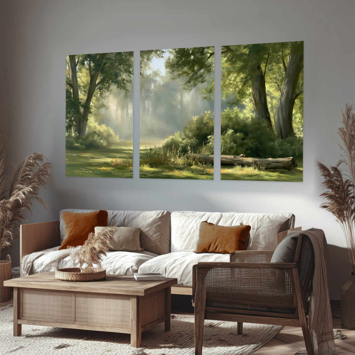 Sunlit forest glade painting set of 3 poster prints in a rustic living room