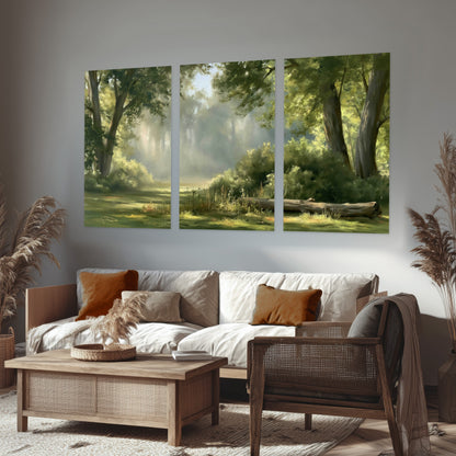 Sunlit forest glade painting set of 3 poster prints in a rustic living room