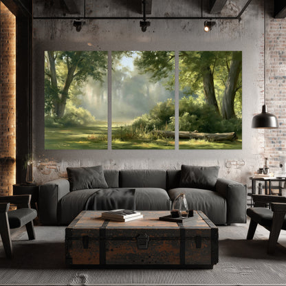Sunlit forest glade painting set of 3 poster prints in an industrial loft