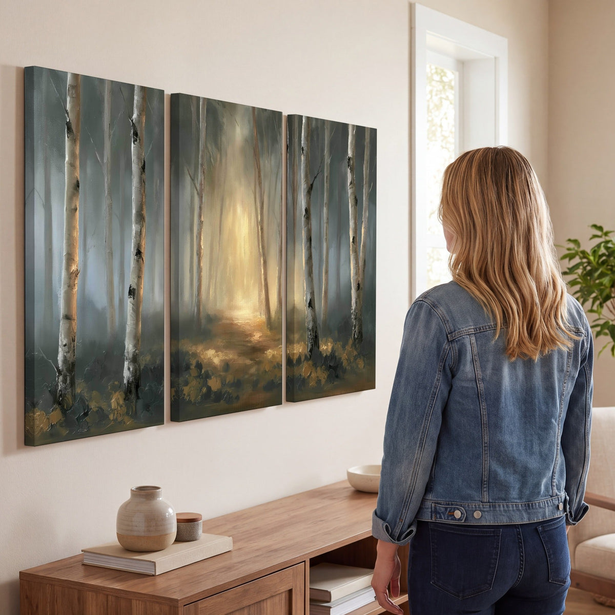 Misty birch forest painting 3 piece canvas wall art in a living room