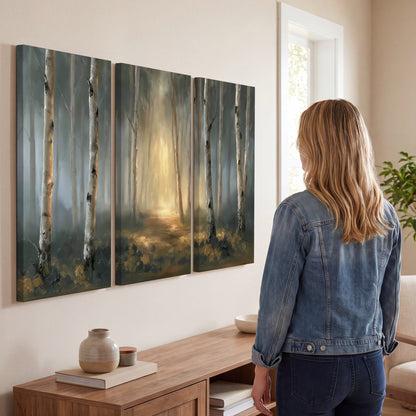 Misty birch forest painting 3 piece canvas wall art in a living room