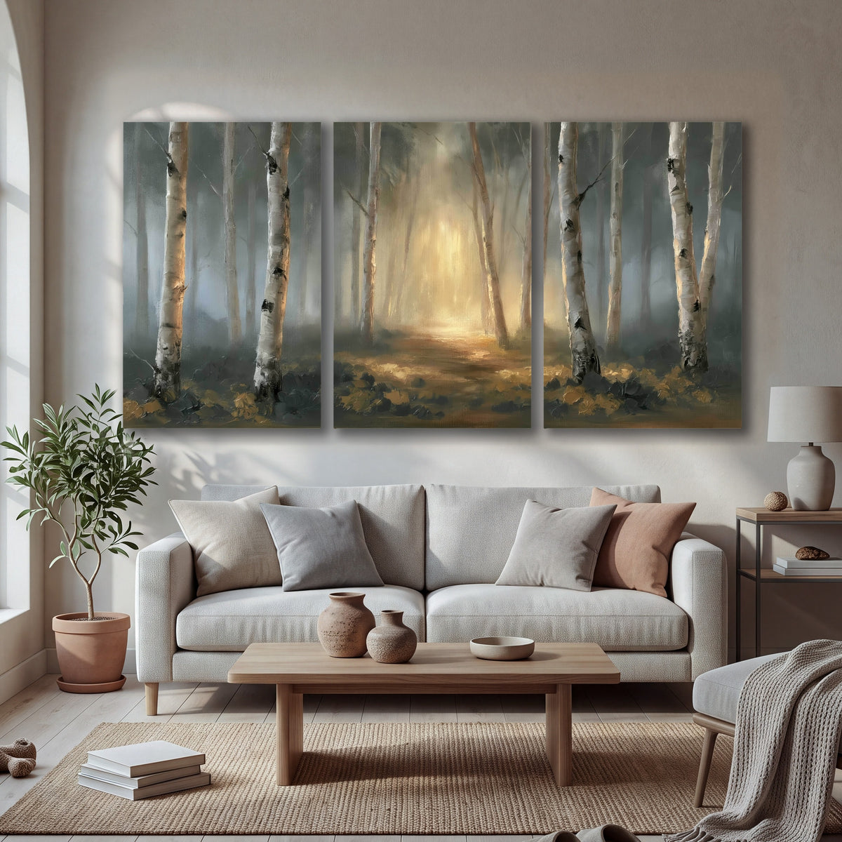 Misty birch forest painting 3 piece canvas wall art in a bright living room