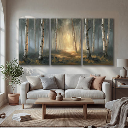 Misty birch forest painting 3 piece canvas wall art in a bright living room