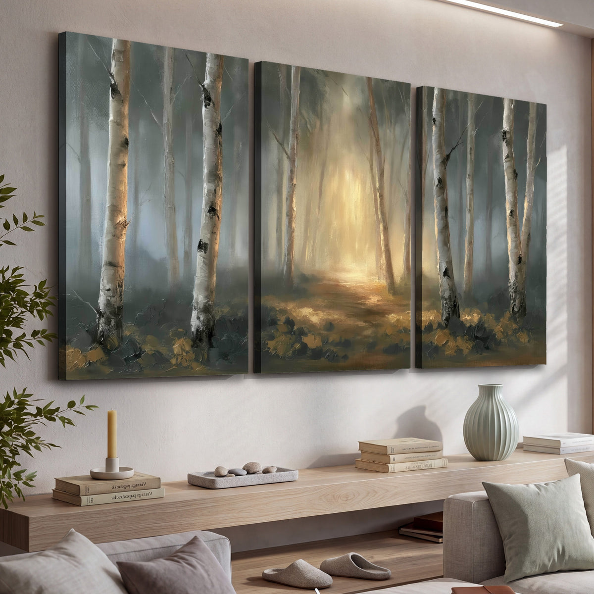 Misty birch forest painting 3 piece canvas wall art in a living room above a console