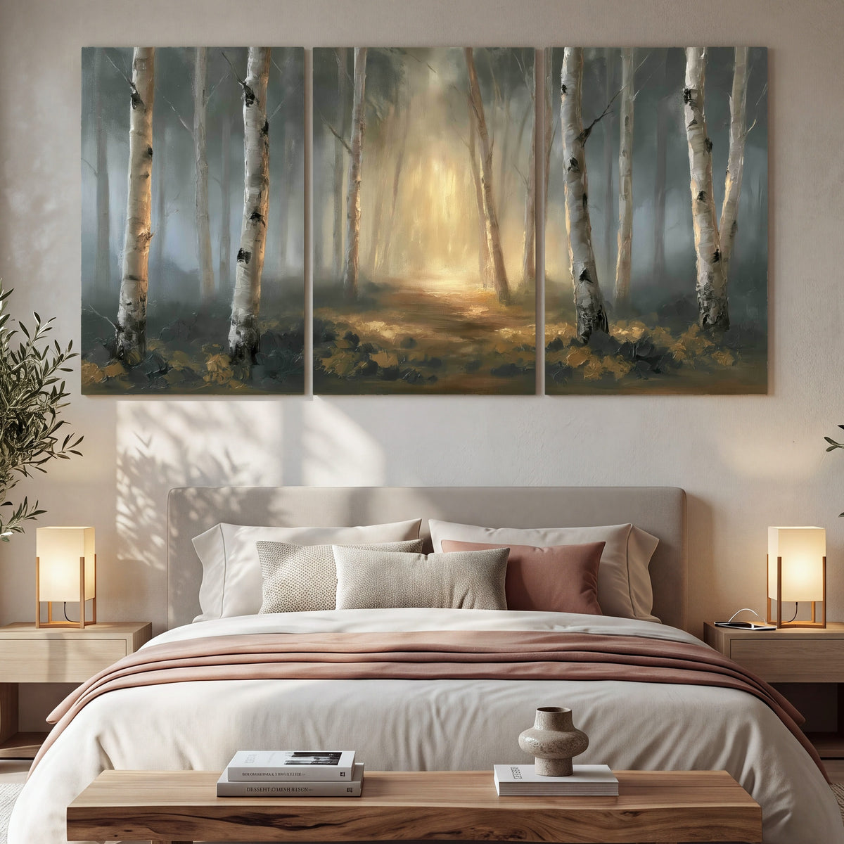 Misty birch forest painting 3 piece canvas wall art in a bedroom above the bed