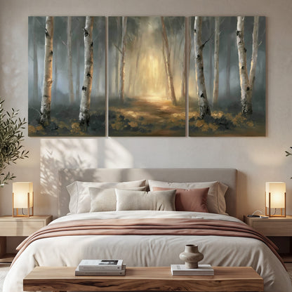 Misty birch forest painting 3 piece canvas wall art in a bedroom above the bed