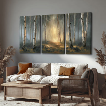 Misty birch forest painting 3 piece canvas wall art in a rustic living room