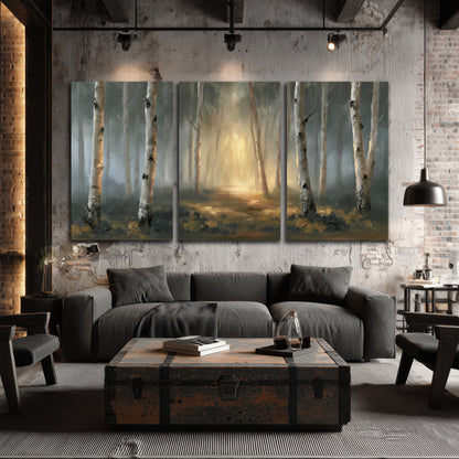 Misty birch forest painting 3 piece canvas wall art in an industrial loft