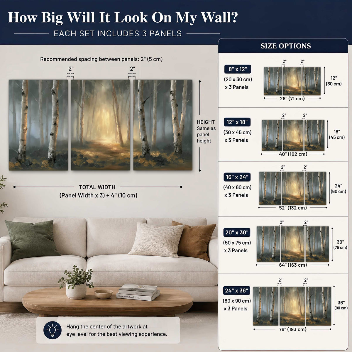 Misty birch forest painting 3 piece canvas wall art size guide above a sofa