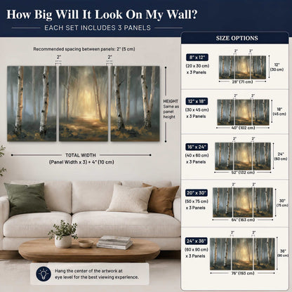 Misty birch forest painting 3 piece canvas wall art size guide above a sofa