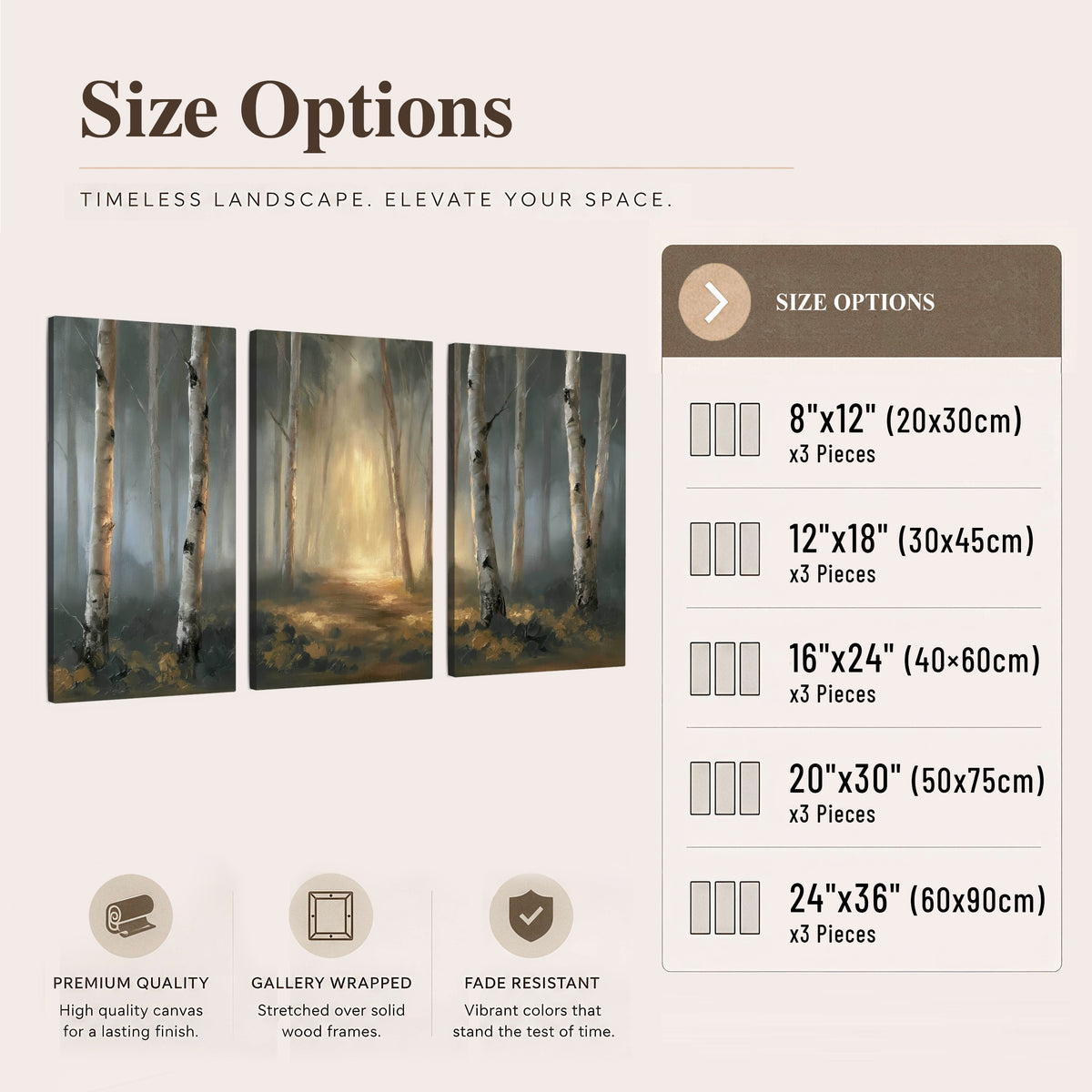 Misty birch forest painting 3 piece canvas wall art size options