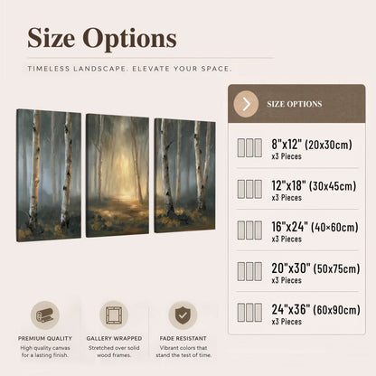 Misty birch forest painting 3 piece canvas wall art size options