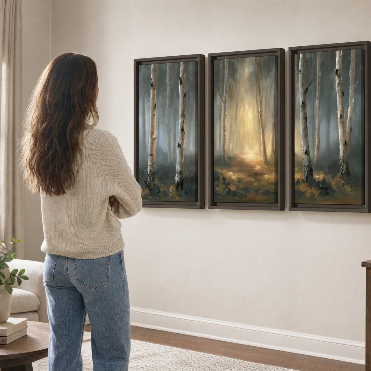 Misty birch forest painting 3 piece framed canvas in a living room