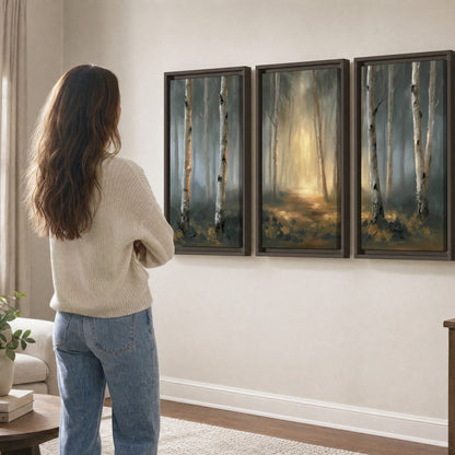 Misty birch forest painting 3 piece framed canvas in a living room