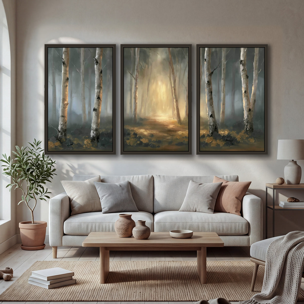 Misty birch forest painting 3 piece framed canvas in a bright living room