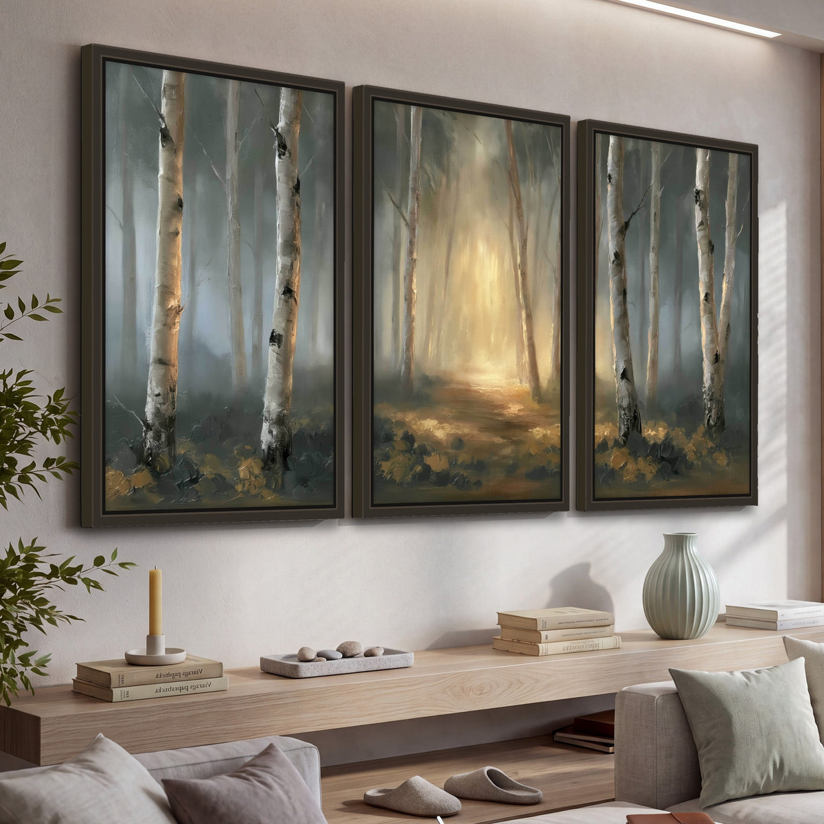 Misty birch forest painting 3 piece framed canvas in a living room above a console