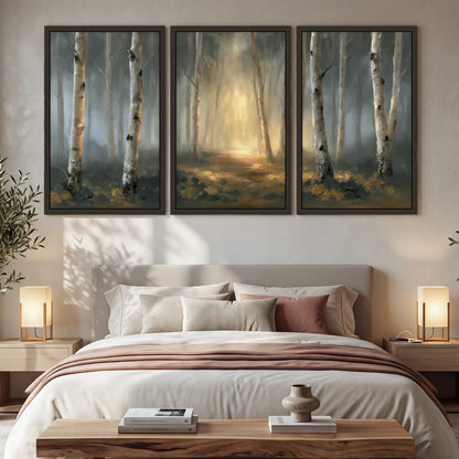 Misty birch forest painting 3 piece framed canvas in a bedroom above the bed