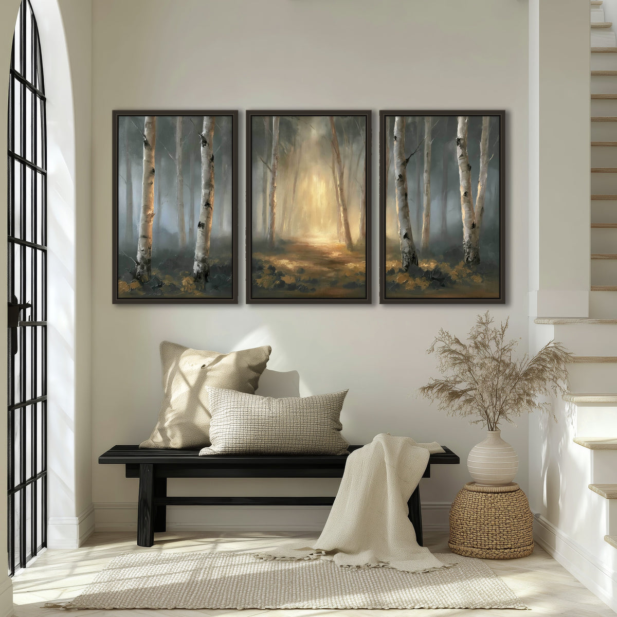 Misty birch forest painting 3 piece framed canvas in an entryway above a bench