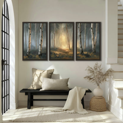 Misty birch forest painting 3 piece framed canvas in an entryway above a bench