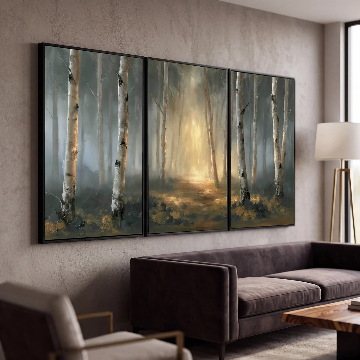 Misty birch forest painting 3 piece framed canvas in a modern living room