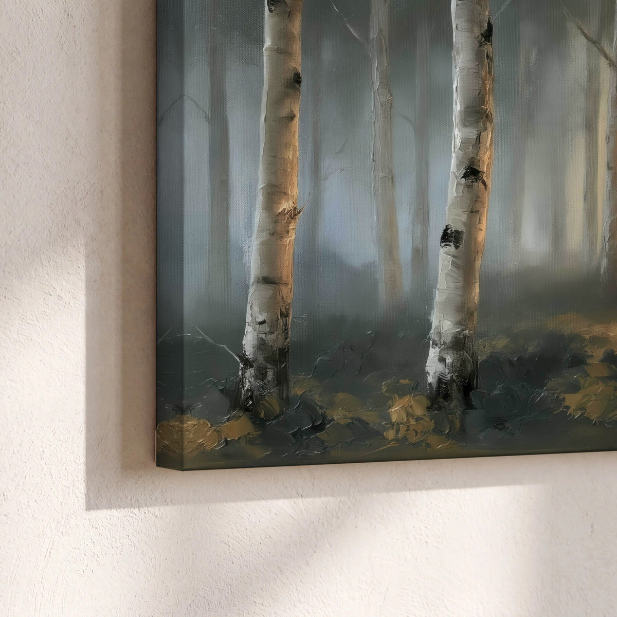 Misty birch forest painting canvas print close-up showing the gallery-wrapped edge
