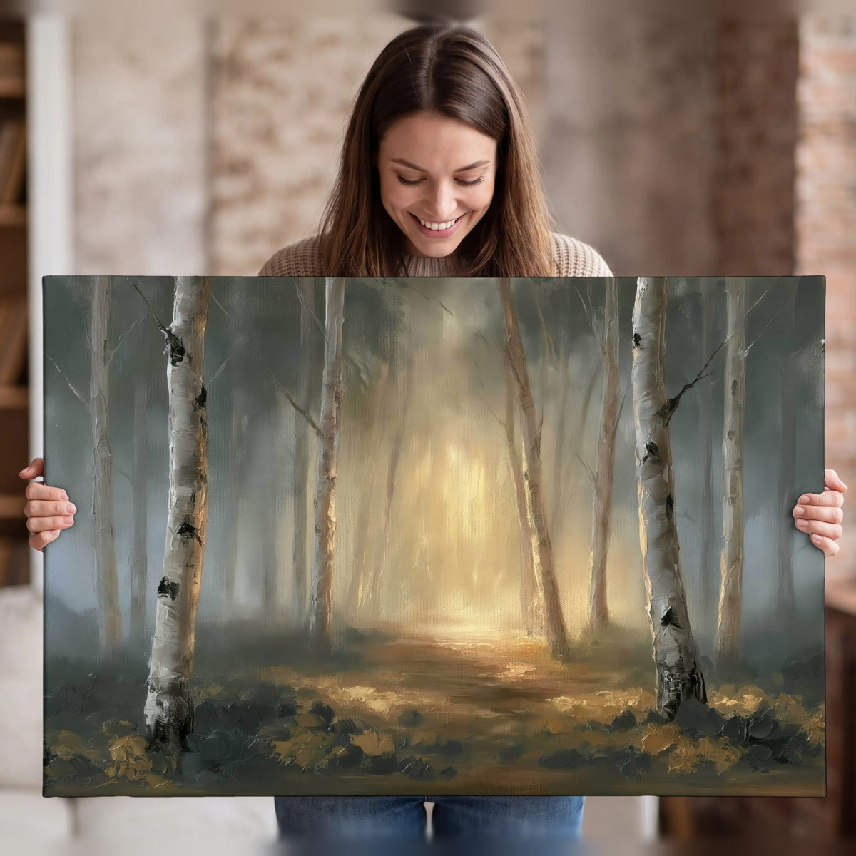 Misty birch forest painting canvas wall art held in hands