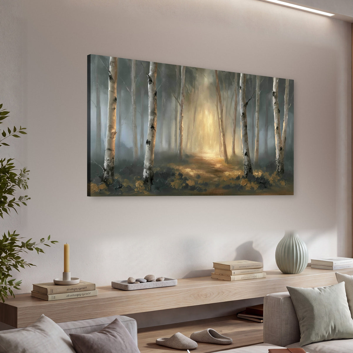 Misty birch forest painting canvas wall art in a living room above a console