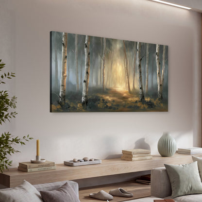 Misty birch forest painting canvas wall art in a living room above a console