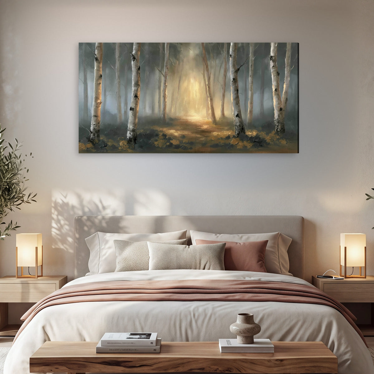 Misty birch forest painting canvas wall art in a bedroom above the bed