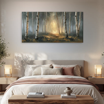 Misty birch forest painting canvas wall art in a bedroom above the bed