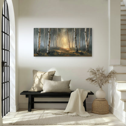 Misty birch forest painting canvas wall art in an entryway above a bench