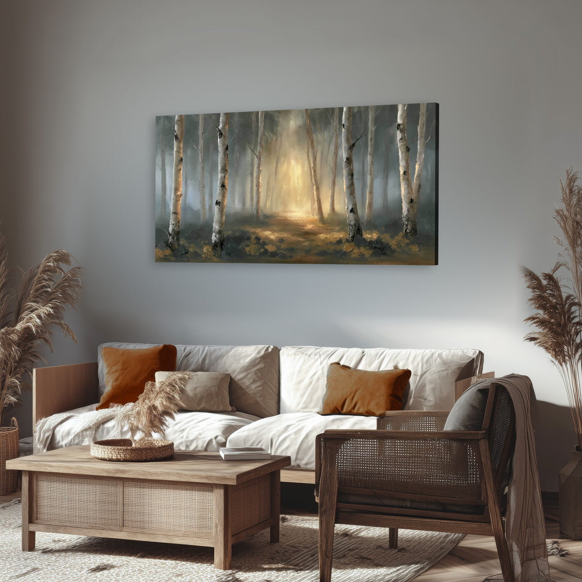 Misty birch forest painting canvas wall art in a rustic living room