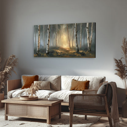 Misty birch forest painting canvas wall art in a rustic living room