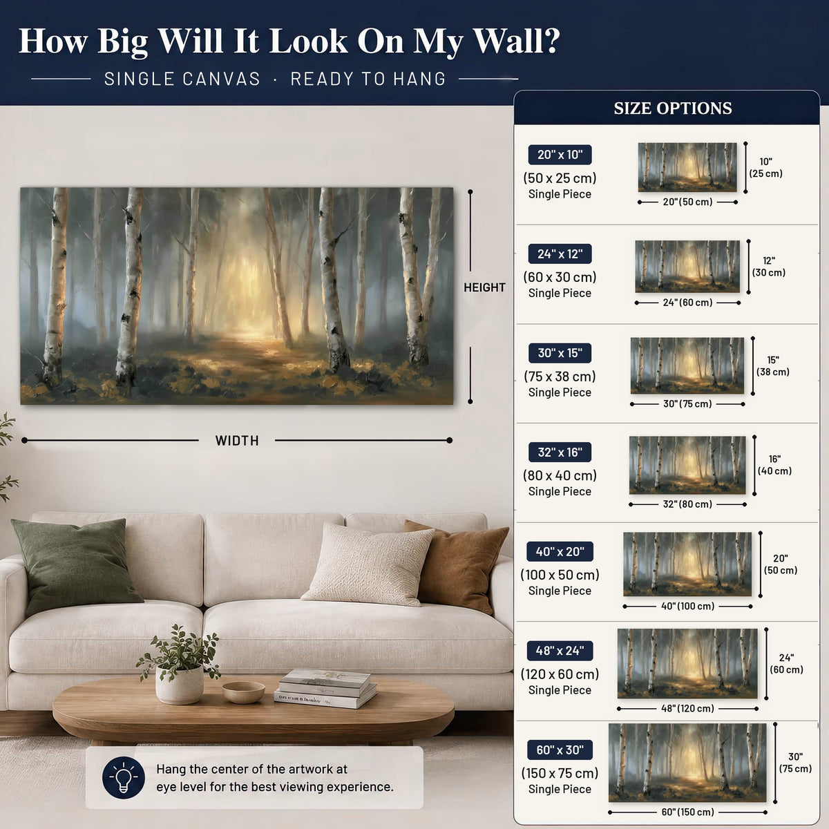 Misty birch forest painting canvas wall art size guide above a sofa