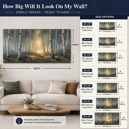 Misty birch forest painting canvas wall art size guide above a sofa