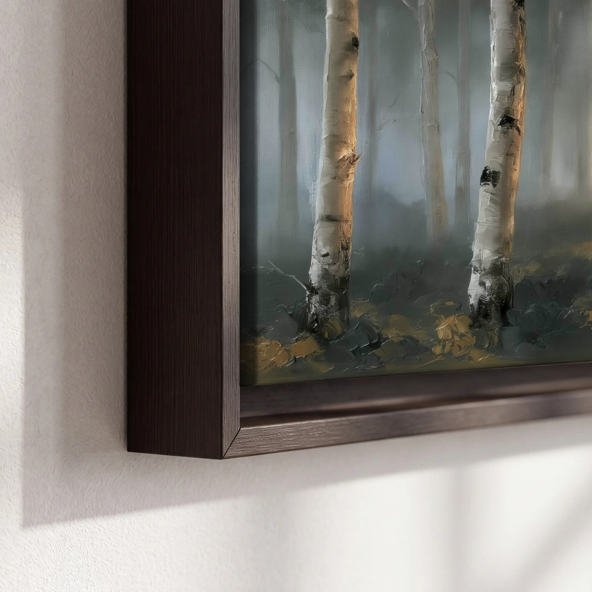 Misty birch forest painting framed canvas close-up showing the floating frame