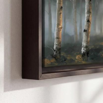 Misty birch forest painting framed canvas close-up showing the floating frame