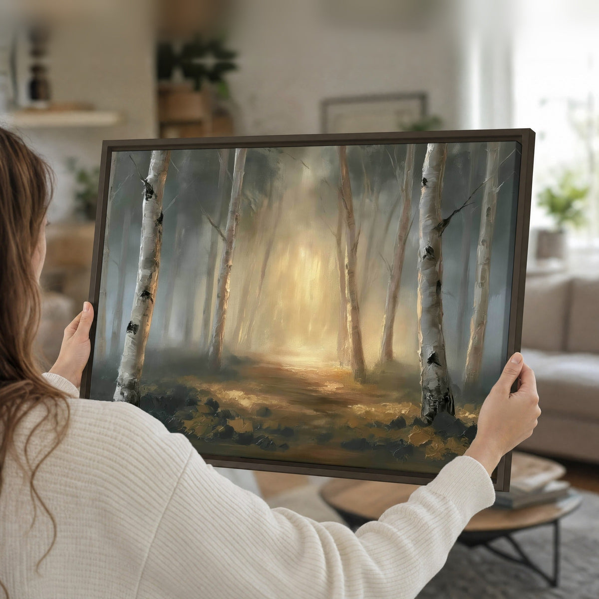 Misty birch forest painting framed canvas held in hands
