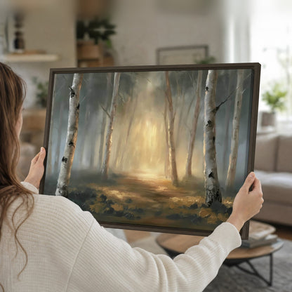 Misty birch forest painting framed canvas held in hands