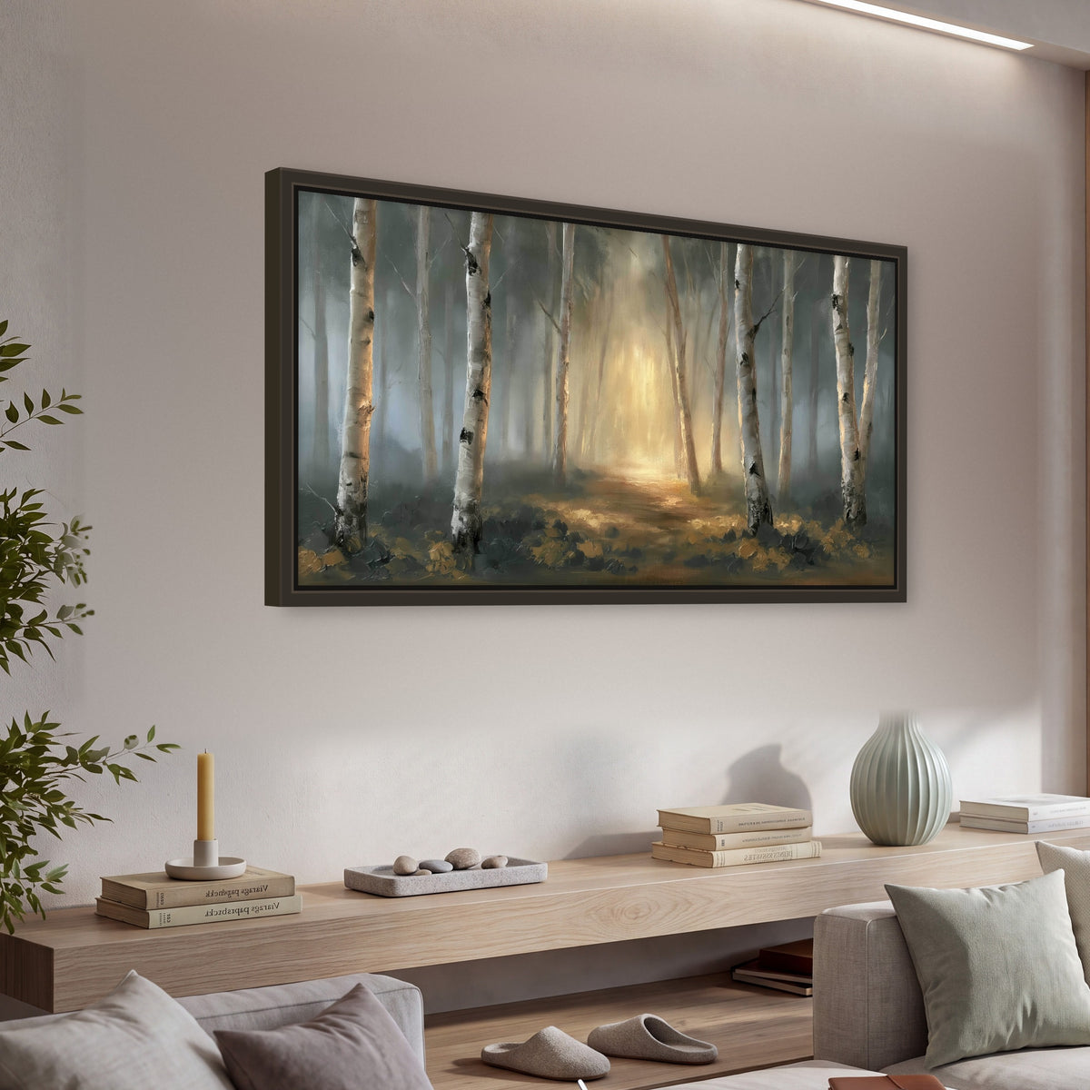 Misty birch forest painting framed canvas wall art in a living room above a console