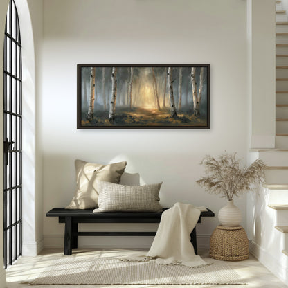Misty birch forest painting framed canvas wall art in an entryway above a bench