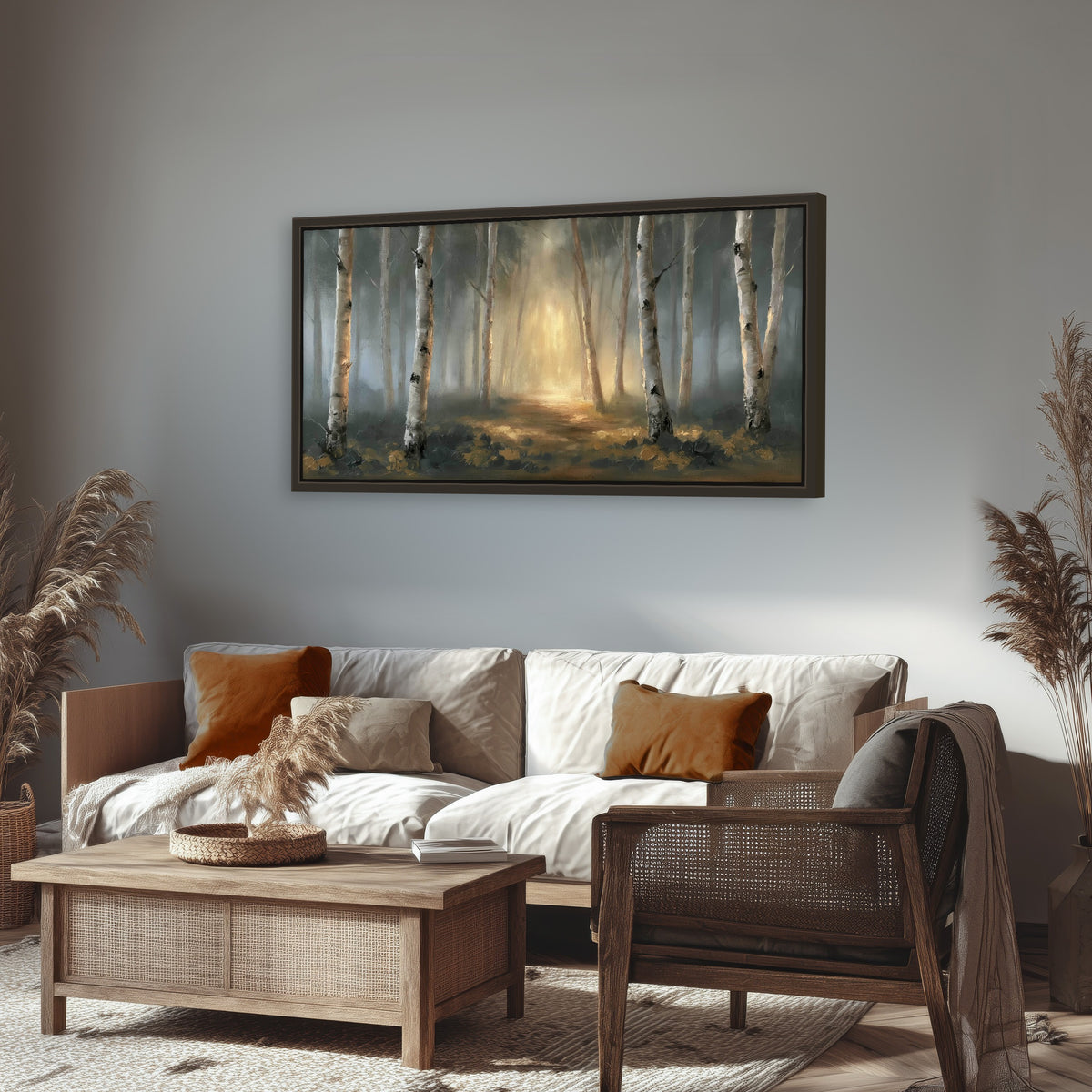 Misty birch forest painting framed canvas wall art in a rustic living room