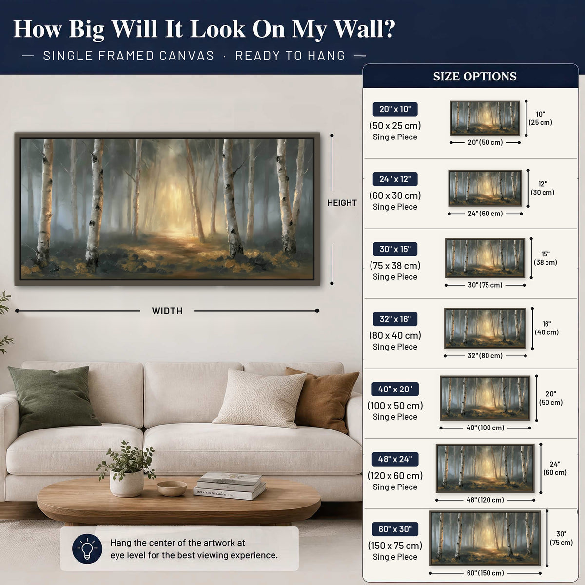 Misty birch forest painting framed canvas wall art size guide above a sofa