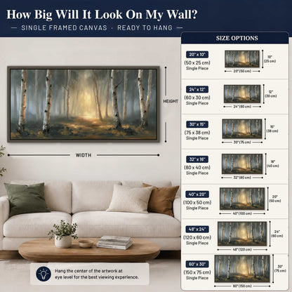 Misty birch forest painting framed canvas wall art size guide above a sofa