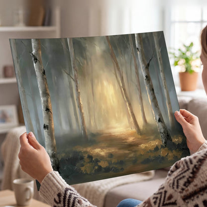 Misty birch forest painting poster print held in hands