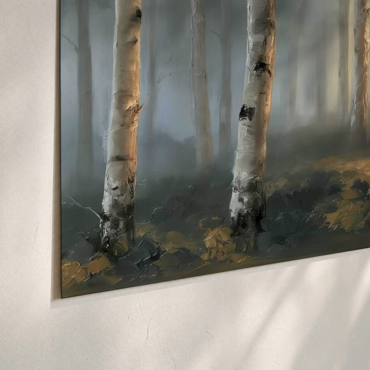 Misty birch forest painting poster print close-up on matte paper