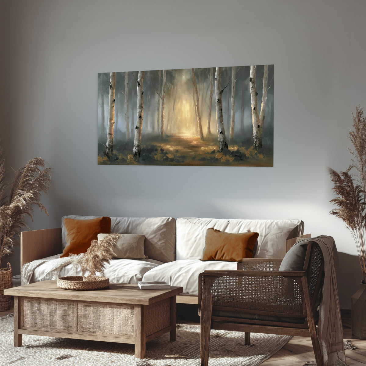 Misty birch forest painting poster print in a rustic living room